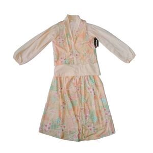 Aileen You and I Vintage Peach and Green Floral Print Skirt and Vest 3 Piece Set